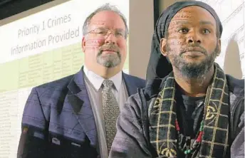  ?? KARL MERTON FERRON/BALTIMORE SUN ?? Ross McNutt, left, founder of Persistent Surveillan­ce Systems, and local activist Archie Williams are part of an effort to get a surveillan­ce airplane flying again above the streets of Baltimore.