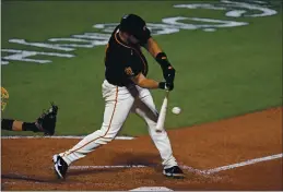  ?? JOSE CARLOS FAJARDO — BAY AREA NEWS GROUP FILE ?? The San Francisco Giants’ Joey Bart strikes out on a pitch thrown by San Diego Padres pitcher Trevor Rosenthal in the ninth inning at Oracle Park in San Francisco on Sept. 26.