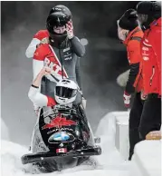  ?? DARRYL DYCK THE CANADIAN PRESS FILE PHOTO ?? Canada’s Justin Kripps, Ryan Sommer, Cameron Stones and Ben Coakwell celebrate after racing to a third-place finish during the four-man bobsleigh event at the Bobsleigh World Championsh­ips in Whistler, B.C., on March 9, 2019.