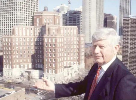  ??  ?? George Geppner at the former location of the Dr. William M. Scholl College of Podiatric Medicine on North Dearborn Street. | SUPPLIED PHOTOS