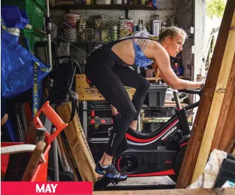  ??  ?? MAY
Home workout: Olympic rower Polly Swann, 31, gets on her bike in Edinburgh