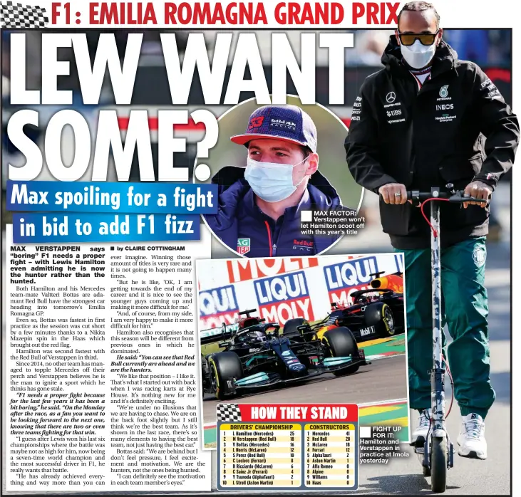  ??  ?? MAX FACTOR: Verstappen won’t let Hamilton scoot off with this year’s title
FIGHT UP FOR IT: Hamilton and Verstappen in practice at Imola yesterday