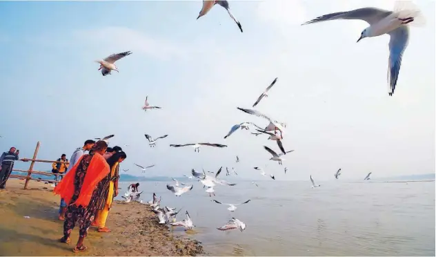  ?? Agence France-presse ?? People watch seagulls fly over a beach in Allahabad, Uttar Pradesh, on Thursday.