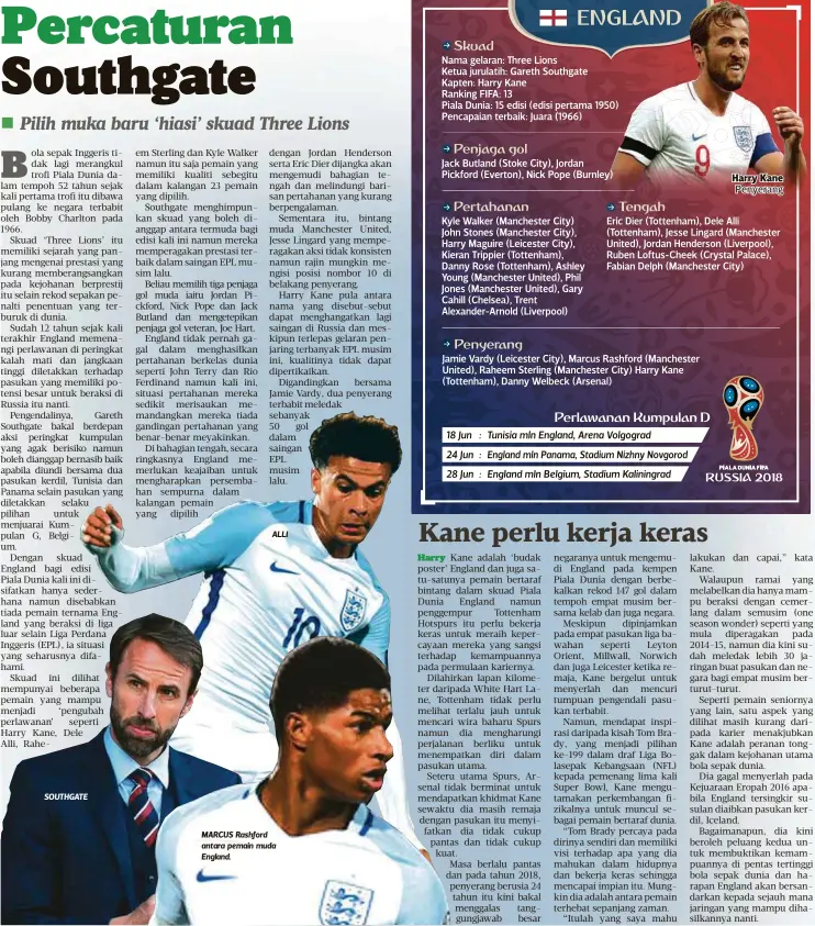  ??  ?? SOUTHGATE
ALLI MARCUS Rashford antara pemain muda England.