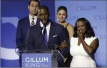  ?? CHRIS O’MEARA — THE ASSOCIATED PRESS ?? Florida Democratic gubernator­ial candidate Andrew Gillum gives his concession speech as he is joined on stage by his wife, R. Jai Gillum, right, and running mate, Chris King and his wife, Kristen, Tuesday.