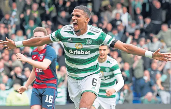  ?? ?? Moritz Jenz celebrates after putting Celtic 2-1 up on his debut after signing on loan from FC Lorient last month.