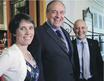  ??  ?? Green MLAs Sonia Furstenau and Adam Olsen and party leader Andrew Weaver, centre, held the balance of power, with their three seats needed to keep an NDP-Green alliance in office.