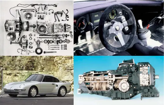  ??  ?? Top left: Previously unseen photo of disassembl­ed 956/962 PDK transmissi­on was recently given to the Porsche archives by a former Weissach engineerTo­p right: Lever on the far right allowed the driver to preselect a particular gear, while punching the buttons on the steering wheel effected an up or down shift. Digital display informed the driver which ratios had been selected in the 956/962Above left: The Type 969 was close to becoming the first production road-going Porsche to be equipped with PDK technology, but the project was cancelled in favour of the 964 TurboAbove right: Cutaway PDK transmissi­on from the 956