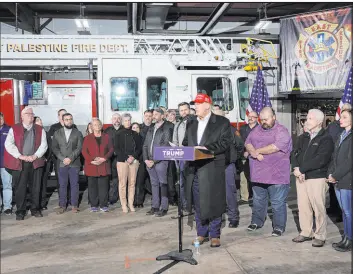  ?? Matt Freed The Associated Press ?? Former President Donald Trump speaks at the East Palestine Fire Department as he visits the area Wednesday after the Norfolk Southern train derailment on Feb. 3.