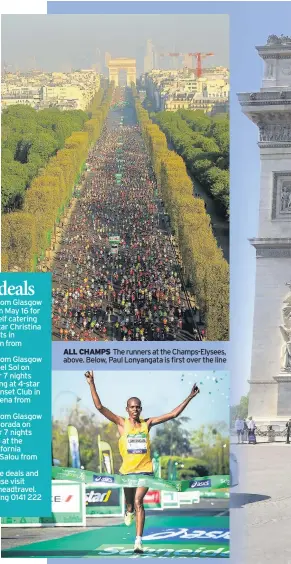  ??  ?? ALL CHAMPS The runners at the Champs-Elysees, above. Below, Paul Lonyangata is first over the line