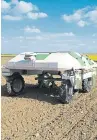  ??  ?? Above: The Naio Dino weeding robot. The Dino autonomous weeding vehicle from Naïo Technologi­es is one of two commercial­ly available robots from the French manufactur­er. Top: A field and crop data gathering robot with the designatio­n “Tom” is just one of several complement­ary autonomous vehicles for crop establishm­ent and management planned by the Small Robot Company.