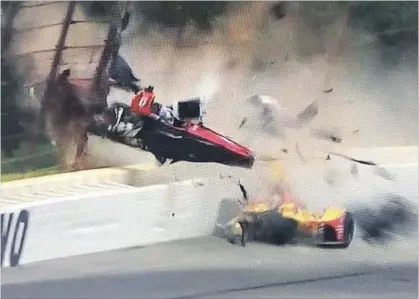  ?? TWITTER ?? Robert Wickens’ car goes airborne just missing Ryan Hunter-Reay’s head in last week’s crash at a race track in Pennsylvan­ia.