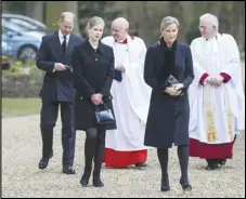  ?? ASSOCIATED PRESS ?? Britain’s Prince Edward, Sophie Countess of Wessex and their daughter Lady Louise Windsor attend the Sunday service at the Royal Chapel of All Saints at Royal Lodge, Windsor, following the announceme­nt of Prince Philip.