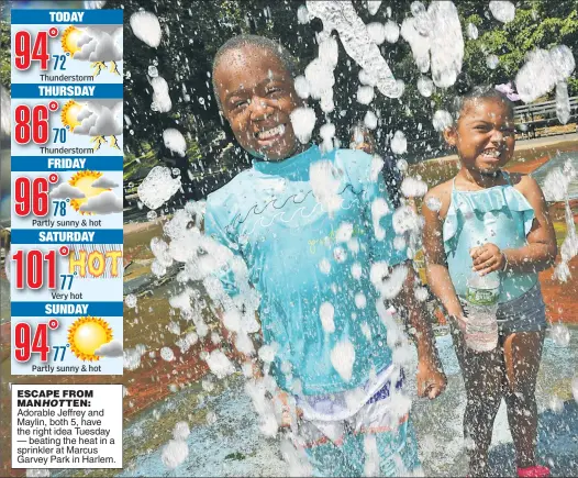  ??  ?? ESCAPE FROM MANHOTTEN: Adorable Jeffrey and Maylin, both 5, have the right idea Tuesday — beating the heat in a sprinkler at Marcus Garvey Park in Harlem.