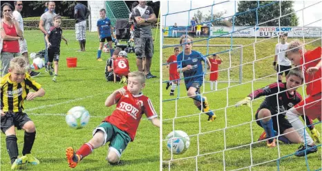  ?? FOTOS: HKB ?? Der Sieg im Viertelfin­ale beim 13. Häldele-Cup für F-Junioren in Nendingen zwischen dem SV Wurmlingen (gelb-gestreift) und dem JFV Oberes Donauta (rot) war hart umkämpft. Am Ende hieß es 2:1 für Wurmlingen (Bild links). Der Traum ins Finale...