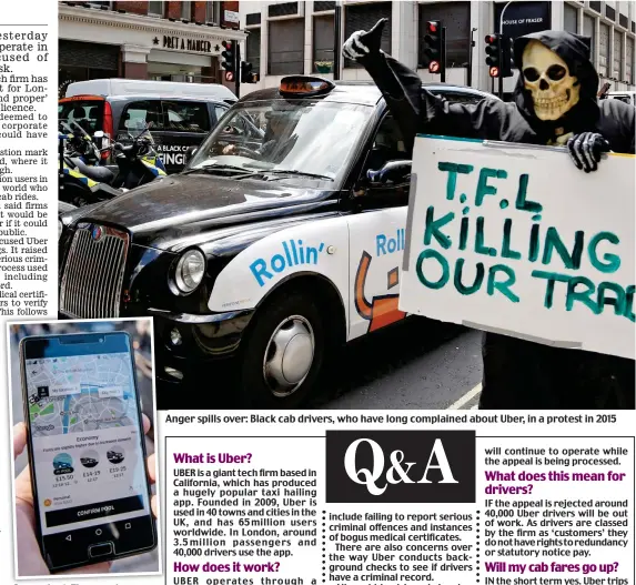  ??  ?? Convenient: The popular app Anger spills over: Black cab drivers, who have long complained about Uber, in a protest in 2015