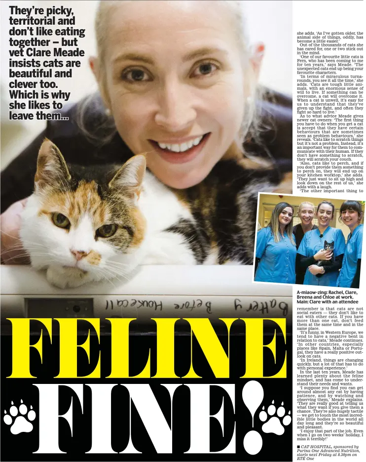  ??  ?? A-miaow-zing: Rachel, Clare, Breena and Chloe at work. Main: Clare with an attendee
CAT HOSPITAL, sponsored by Purina One Advanced Nutrition, starts next Friday at 8.30pm on RTÉ One