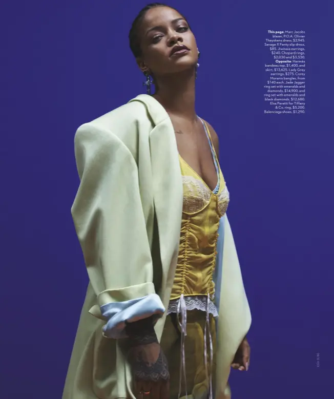  ??  ?? This page: Marc Jacobs blazer, P.O. A. Olivier Theyskens dress, $2,945. Savage X Fenty slip dress, $85. Jiwinaia earrings, $240. Chopard rings, $2,030 and $3,330. Opposite: Hermès bandeau top, $1,400, and skirt, $13,625. Lady Grey earrings, $275. Corey Moranis bangles, from $140 each. Jade Jagger ring set with emeralds and diamonds, $14,900, and ring set with emeralds and black diamonds, $12,680. Elsa Peretti for Tiffany & Co. ring, $5,200. Balenciaga shoes, $1,290.