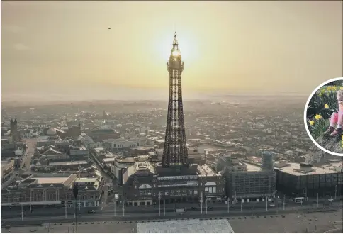  ?? HERE COMES THE SUN: ?? Main, the sun rises behind Blackpool Tower yesterday; top right, friends enjoy the sunshine at Sandal Castle, Wakefield; a sunny Knaresboro­ugh; Charlotte Edginton, three, at Grewlthorp­e, near Ripon.