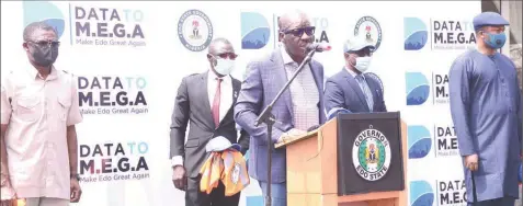  ??  ?? Edo State Deputy Governor, Philip Shaibu ( left); Governor Godwin Obaseki and Speaker, House of Assembly, Marcus Onobun during the unveiling of Data to Make Edo Great Again in Benin City… yesterday