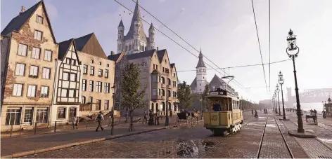  ?? FOTOS: TIMERIDE ?? Durch die Virtual-Reality-Brille erleben die Insassen der Bahn die Kölner Altstadt um 1910. Damals waren noch Kutschen unterwegs und die Straßen leer.