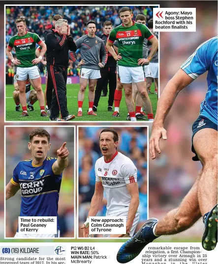  ??  ?? Time to rebuild: Paul Geaney of Kerry New approach: Colm Cavanagh of Tyrone P12 W6 D2 L4 WIN RATE: 50% MAIN MAN: Patrick McBrearty Agony: Mayo boss Stephen Rochford with his beaten finalists