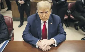  ?? POOL PHOTO VIA AP ?? Former U.S. president Donald Trump waits for the start of proceeding­s in his hush-money trial in Manhattan criminal court in New York on Tuesday.
