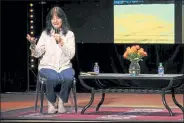  ?? AUSTIN FLESKES / Loveland Reporter-herald ?? Joy Harjo, U.S. poet laureate, speaks at the Rialto Theater on Saturday afternoon. Loveland poet laureate Veronica Patterson helped bring Harjo to Loveland, where she spoke about her time as a creator and gave advice to audience members.