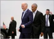  ?? ALEX BRANDON — THE ASSOCIATED PRESS ?? President Joe Biden, left, and former President Barack Obama arrive at John F. Kennedy Internatio­nal Airport on Thursday.