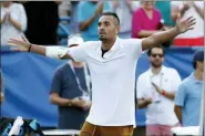  ?? PATRICK SEMANSKY — THE ASSOCIATED PRESS ?? Nick Kyrgios, of Australia, reacts after defeating Daniil Medvedev, of Russia, in a final match at the Citi Open tennis tournament, Sunday in Washington.