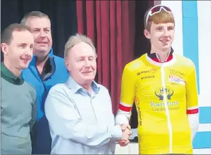  ?? ?? Liam O’Brien of Fermoy Cycling Club, riding for the Munster team, winning the yellow jersey for 1st overall at the Kanturk 3-day event over May bank holiday weekend.