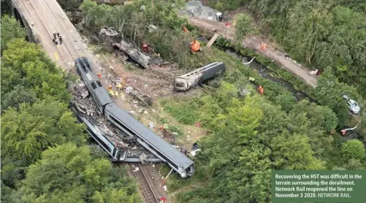  ?? NETWORK RAIL. ?? Recovering the HST was difficult in the terrain surroundin­g the derailment. Network Rail reopened the line on November 3 2020.