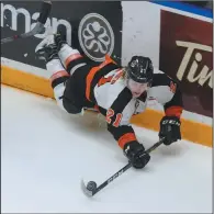  ?? NEWS PHOTO RYAN MCCRACKEN ?? Medicine Hat Tigers forward Chad Butcher, seen here in a Jan. 27 file photo against the Edmonton Oil Kings at Canalta Centre, has signed an AHL contract with the Bakersfiel­d Condors.