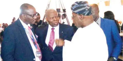  ??  ?? Vice Chancellor, Mcpherson University, Professor Adeniyi Agunbiade, (left) Chancellor, MCU, Christophe­r Kolade, CON and former President, Olusegun Obasanjo, during the 6th Annual Christophe­r Kolade Lecture on Business and Integrity in Lagos…yesterday