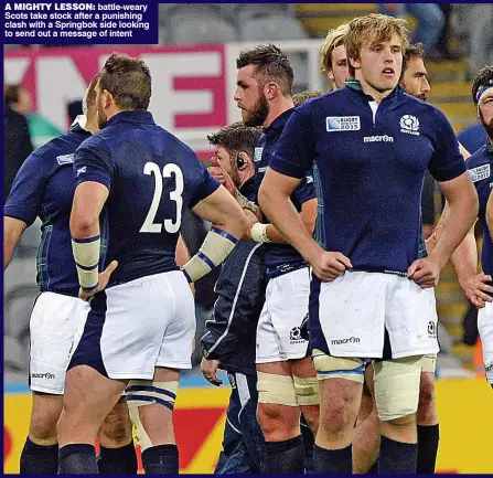  ??  ?? A MIGHTY LESSON: battle-weary Scots take stock after a punishing clash with a Springbok side looking to send out a message of intent