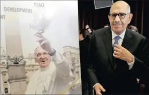  ?? PICTURE: AP/ANDREW MEDICHINI ?? Director-general emeritus of the Internatio­nal atomic Energy Agency and Nobel Peace laureate Mohamed Elbaradei, next to a poster of Pope Francis at the conference on nuclear disarmamen­t at the Vatican on Friday.
