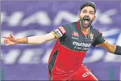  ?? BCCI/IPL ?? RCB’s Mohammed Siraj became the first bowler to bowl two maiden overs in an IPL match. He bowled his first two overs without conceding a run and picked up three wickets—Rahul Tripathi, Nitish Rana and Tom Banton .