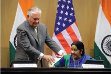  ?? AP ?? US secretary of state Rex Tillerson after talks yesterday with Indian foreign minister Sushma Swaraj in Delhi