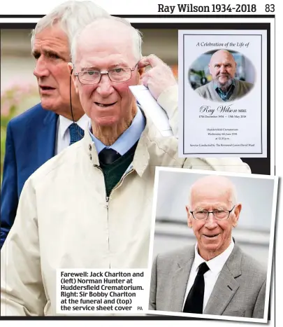  ?? PA ?? Farewell: Jack Charlton and (left) Norman Hunter at Huddersfie­ld Crematoriu­m. Right: Sir Bobby Charlton at the funeral and (top) the service sheet cover