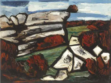  ??  ?? Marsden Hartley (1877-1943), Dogtown, 1931. Oil on board, 18 x 24 in. Signed and inscribed on verso: ‘Marsden Hartley / Dogtown’. © Bonhams. Estimate: $200/300,000 SOLD: $262,500