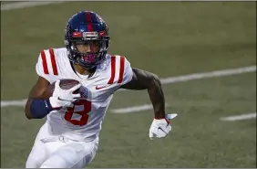  ?? WADE PAYNE — THE ASSOCIATED PRESS ?? Mississipp­i wide receiver Elijah Moore runs for yardage against Vanderbilt on Oct. 31, 2020, in Nashville, Tenn.