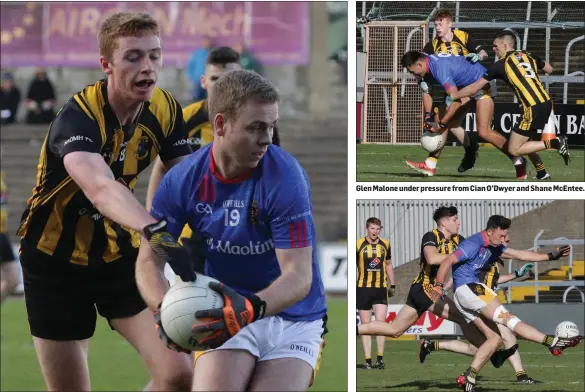  ??  ?? Páraic O’Leary of Shelmalier­s (wearing their change strip) is challenged by Dunboyne’s Jack Donnelly. Glen Malone under pressure from Cian O’Dwyer and Shane McEntee. Eoghan Nolan shoots as Seamus Lavin of Dunboyne moves in.