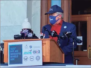  ?? Nancy Andrews / Contribute­d photo ?? Connecticu­t Education Associatio­n President Jeff Leake at a news conference outside the state Capitol on Thursday.