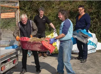  ?? Pat McCarthy and John Lenihan cleaning up the illegal dumping in Glanageent­y. Photo by Joe Hanley ??