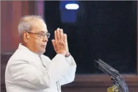  ?? PTI PHOTO ?? President Pranab Mukherjee gestures after his speech during his farewell ceremony in the Central Hall of Parliament in New Delhi on Sunday.