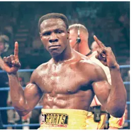  ?? GETTY IMAGES ?? Boasting big: Great Britian’s Chris Eubank after knocking out Jose Ignacio Barreutabe­na in 55 seconds in the first round of their super-middleweig­ht fight in 1995.