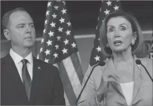  ?? Los Angeles Times/tns ?? House Speaker Nancy Pelosi and Rep. Adam Schiff hold a press conference on Oct. 2 on the impeachmen­t inquiry into President Trump.