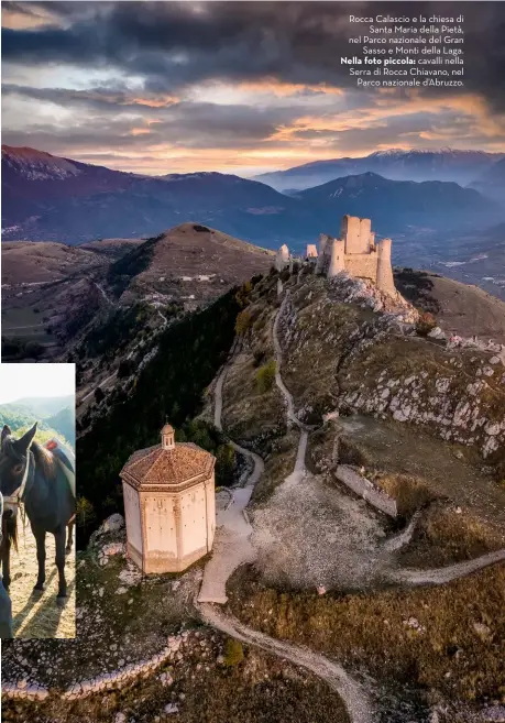  ?? Rocca Calascio e la chiesa di
Santa Maria della Pietà, nel Parco nazionale del Gran Sasso e Monti della Laga.
Nella foto piccola: cavalli nella Serra di Rocca Chiavano, nel
Parco nazionale d’Abruzzo. ??