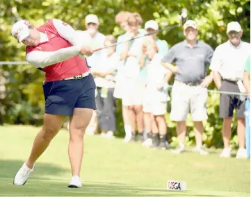  ??  ?? Ariya Jutanugarn tees off on the third hole during the third round of the US Women’s Open Championsh­ip golf tournament at Shoal Creek. — USA TODAY Sports photo