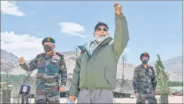  ?? PTI ?? PM Narendra Modi gestures during his visit to interact with soldiers in Nimu, Ladakh, on Friday.